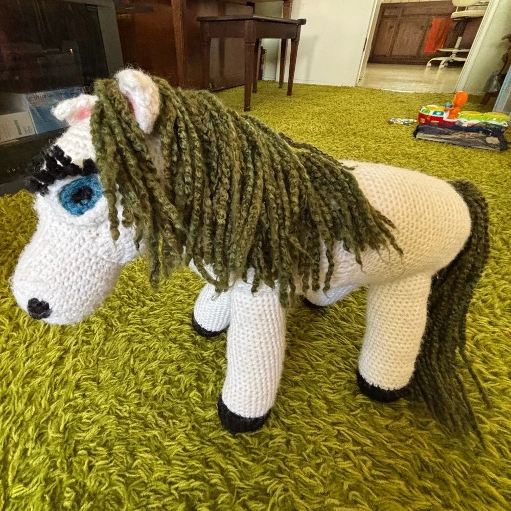 Handmade Crochet Horse Plush White Green Mane Amigurumi Folk Art Pony 12